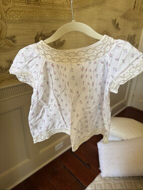 Bonpoint White Top with Pink Floral Print and Lace Trim